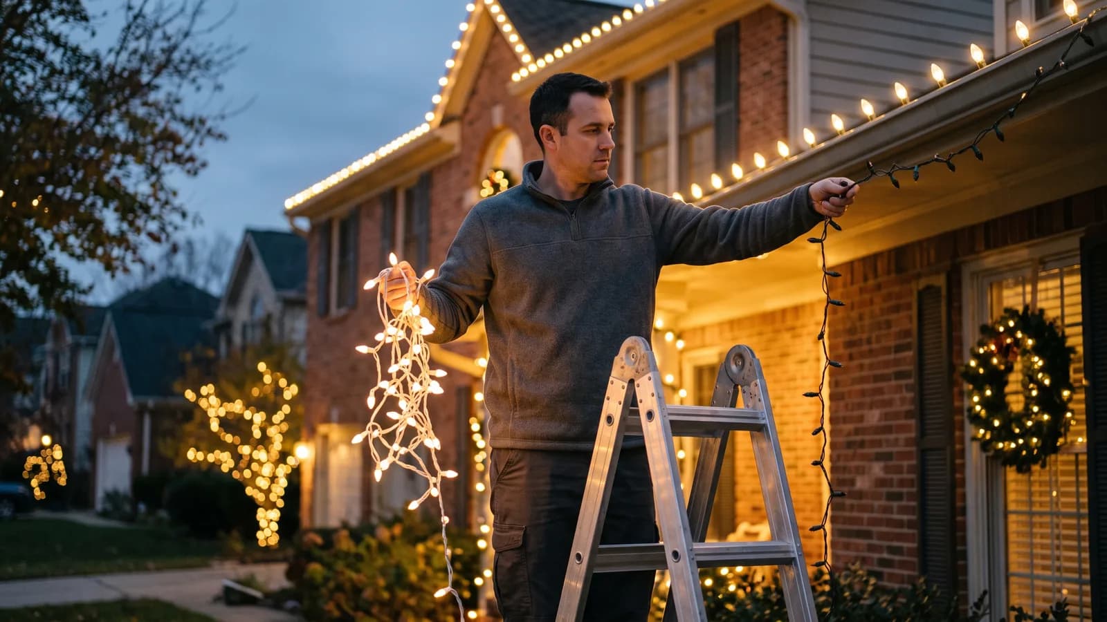 Technician on a ladder replacing a strand of string lights at dusk while the rest of the display glows warmly.