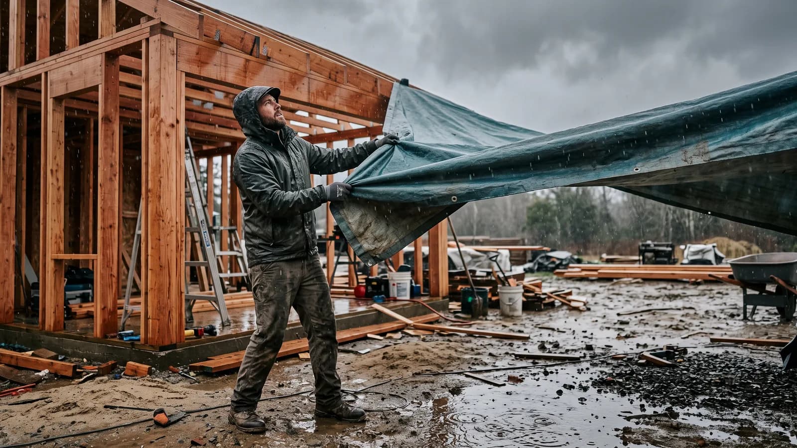 Builder pulling a tarp over exposed cabana framing during a rain shower to protect the structure from weather delay damage.