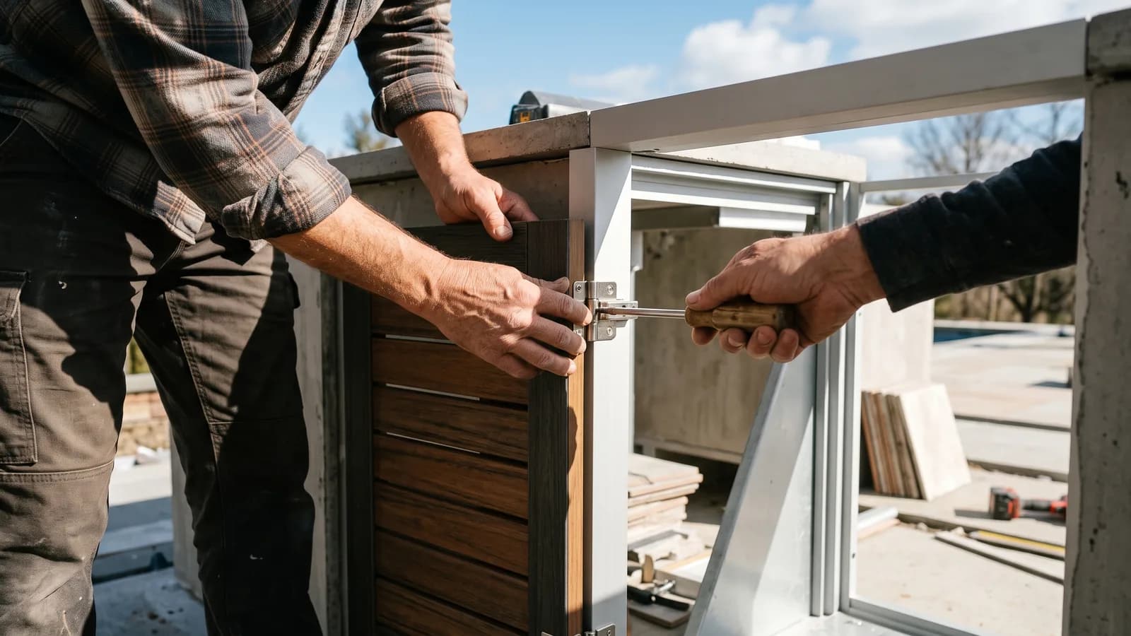 Installer fitting a weather-rated cabinet door onto an outdoor kitchen frame under open sky.