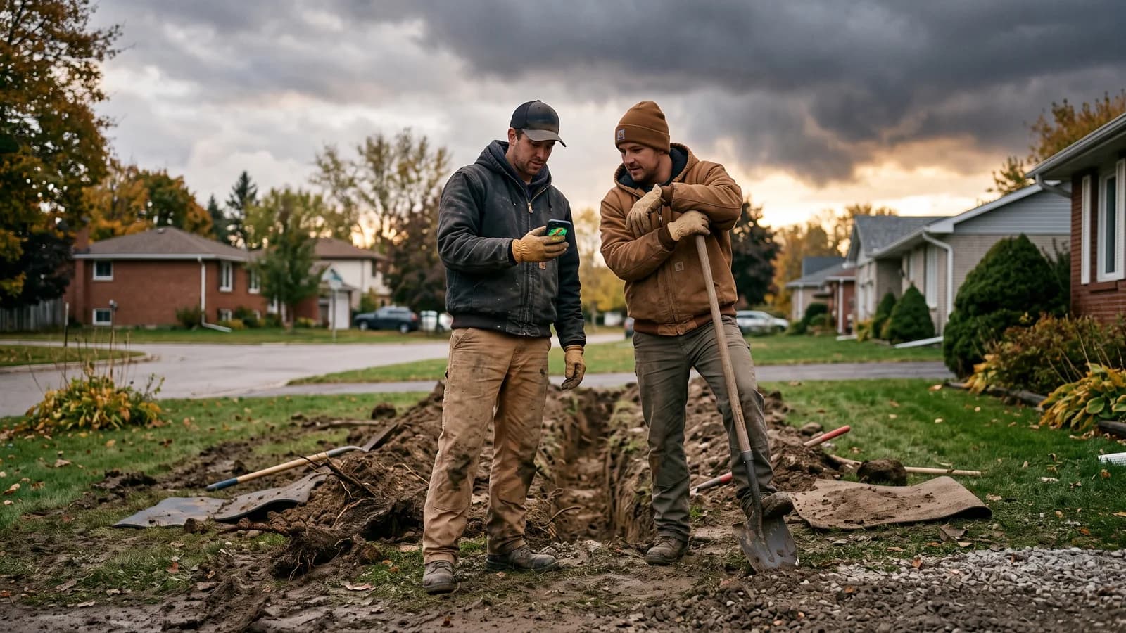 Two installers checking a weather app beside a half-dug trench with storm clouds gathering on the horizon.