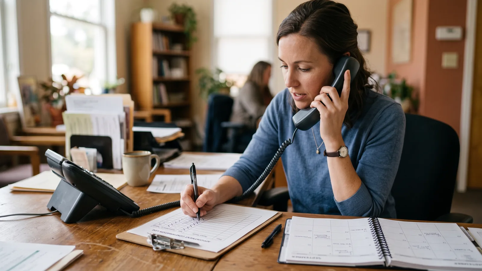 Coordinator on a phone call confirming decision-makers and budget details on a checklist before a cabana consultation.