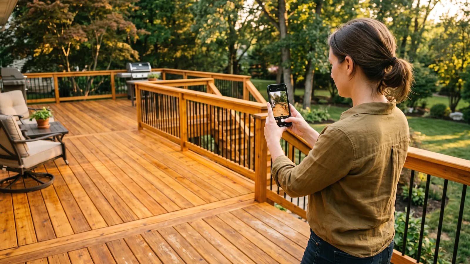 Homeowner photographing their finished deck on a phone to include with an online review at golden hour.