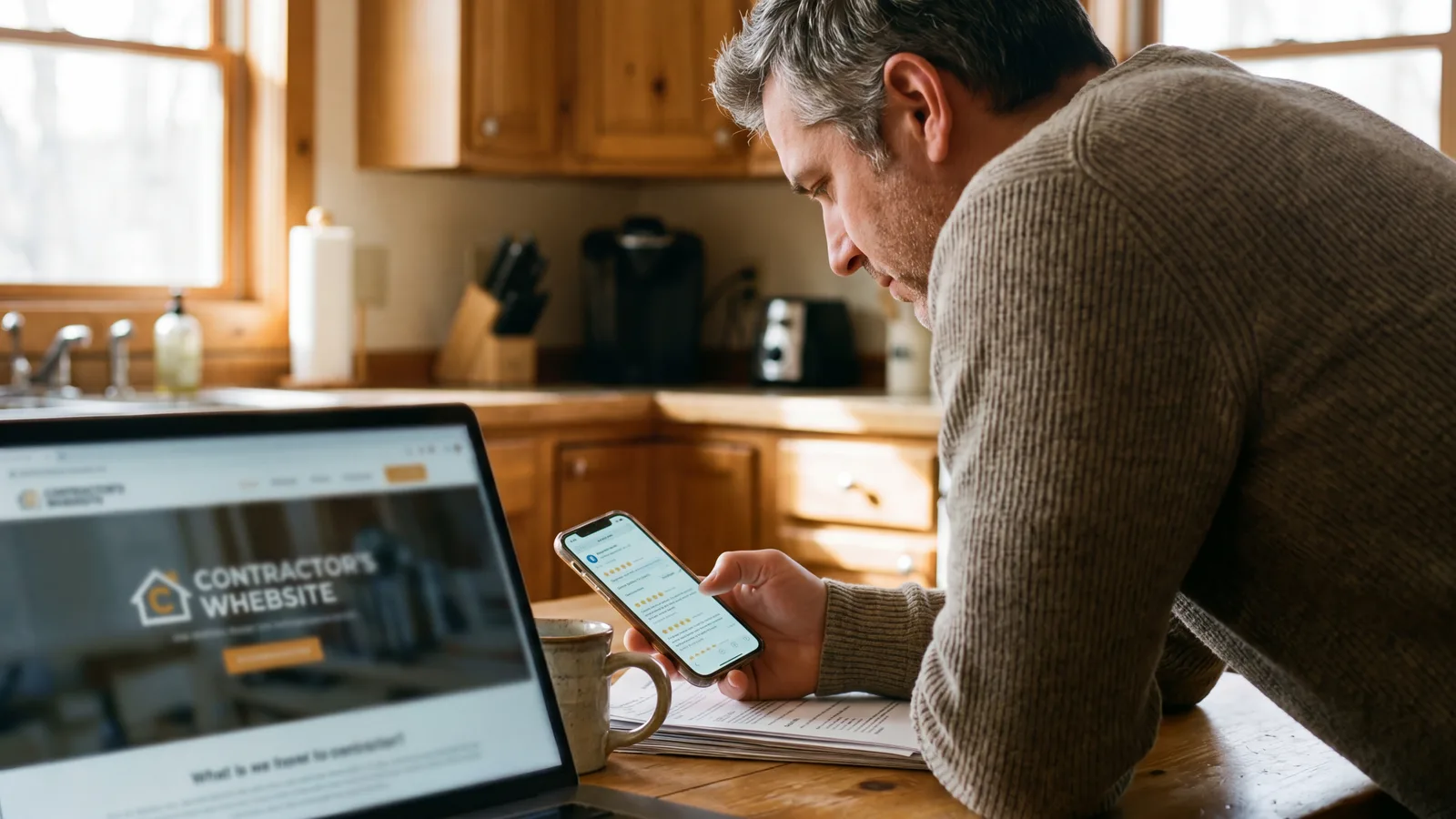 Homeowner at a kitchen table reading reviews on a phone showing five-star ratings and review snippets, with a contractor's website on a laptop in soft focus beside it.