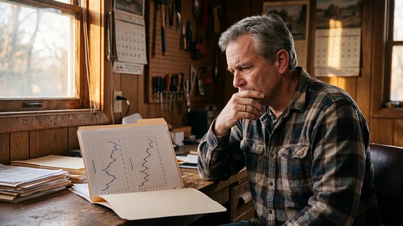 Window contractor in his fifties at a workshop office desk reviewing a folder of underperforming agency reports, side light from a window.