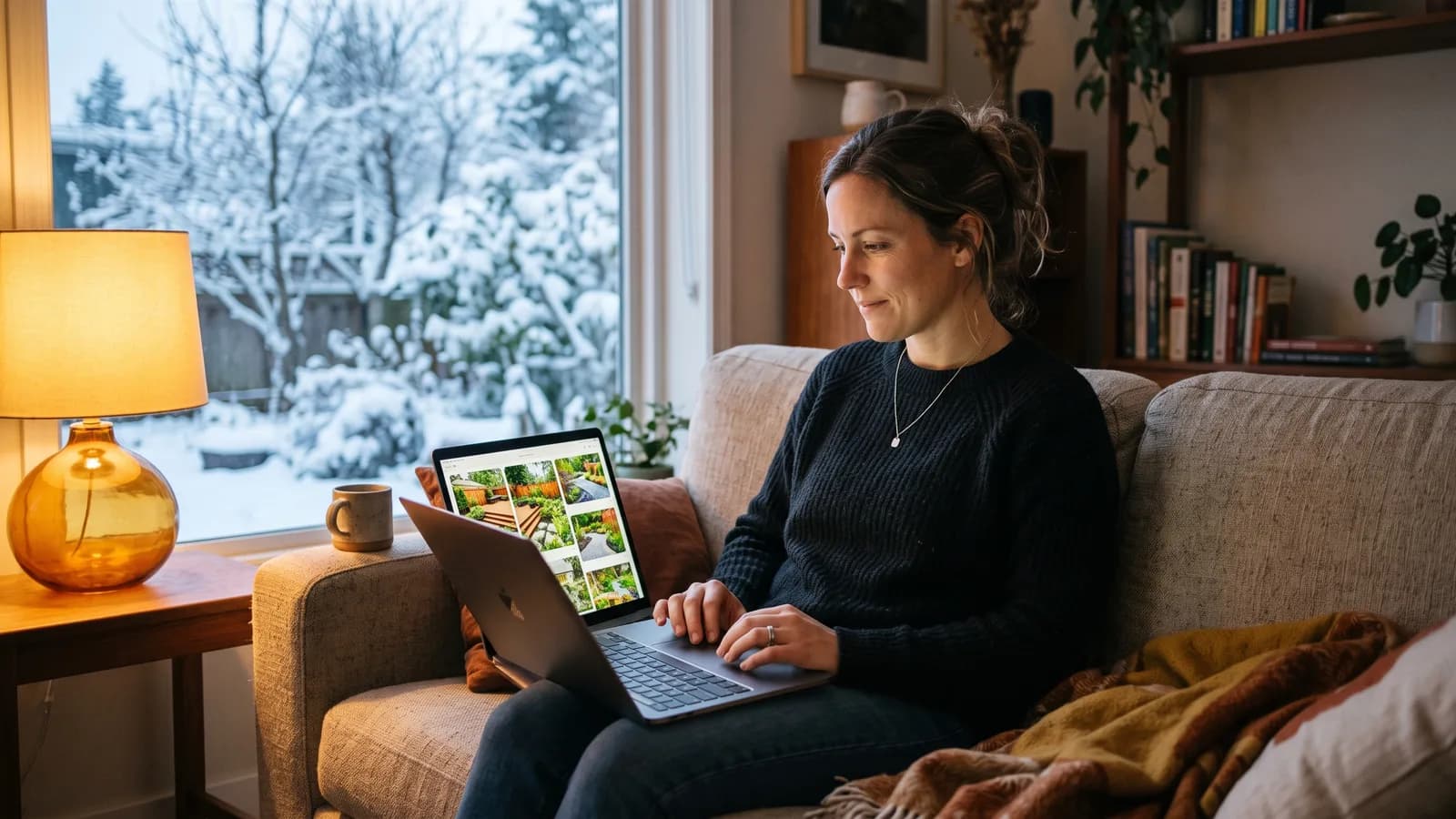 Homeowner browsing backyard design ideas on a laptop from a living room couch with snow visible through the window.