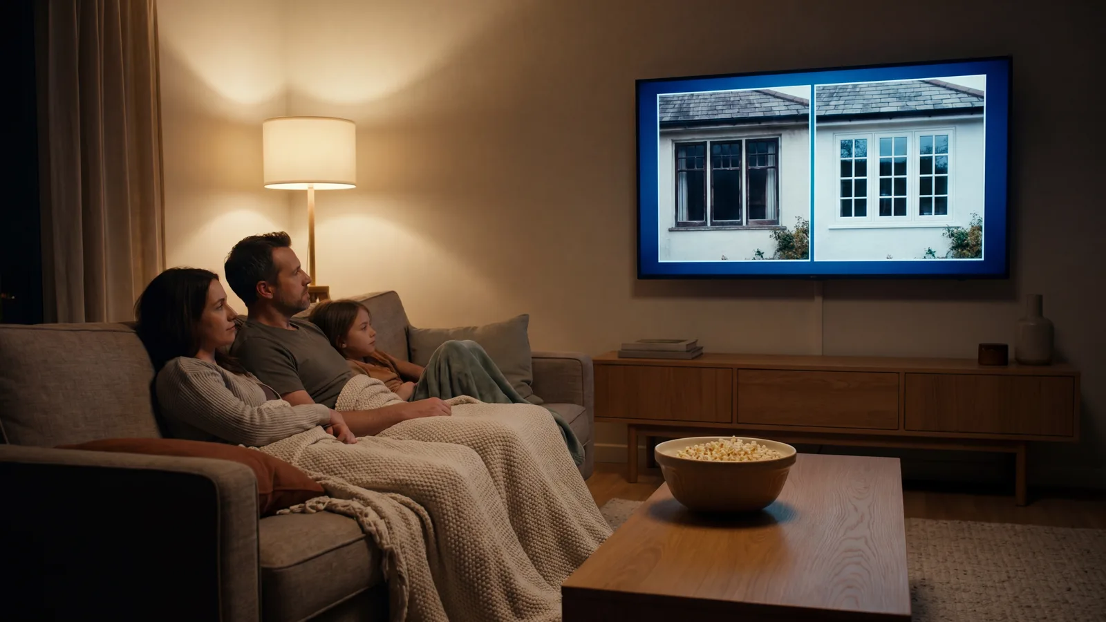 Family of three on a couch watching a wall-mounted television in the evening, the TV displaying a window before-and-after split frame.