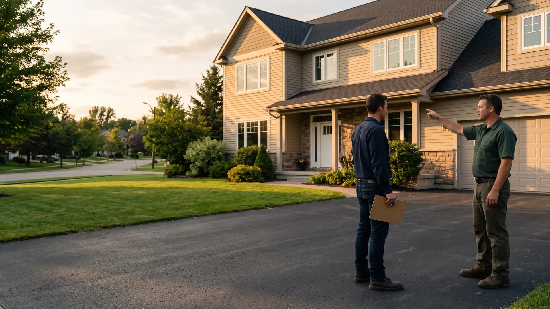 Two residential contractors reviewing a job on the driveway of a renovated home at golden hour