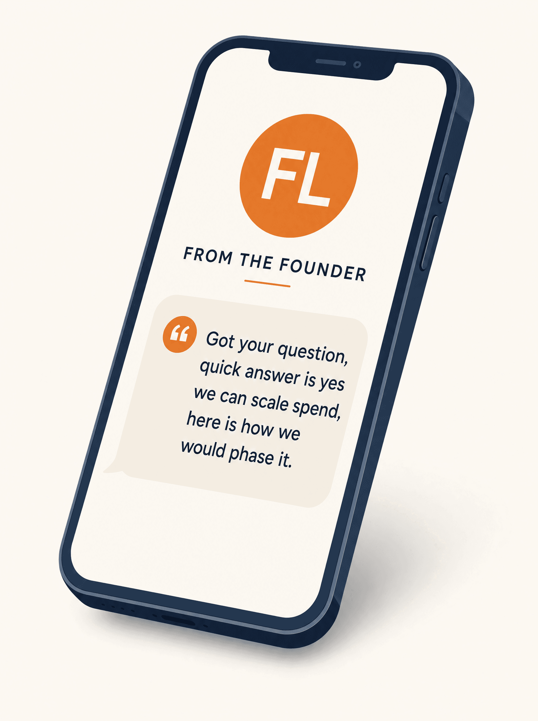Illustration of a stylized phone showing direct founder communication