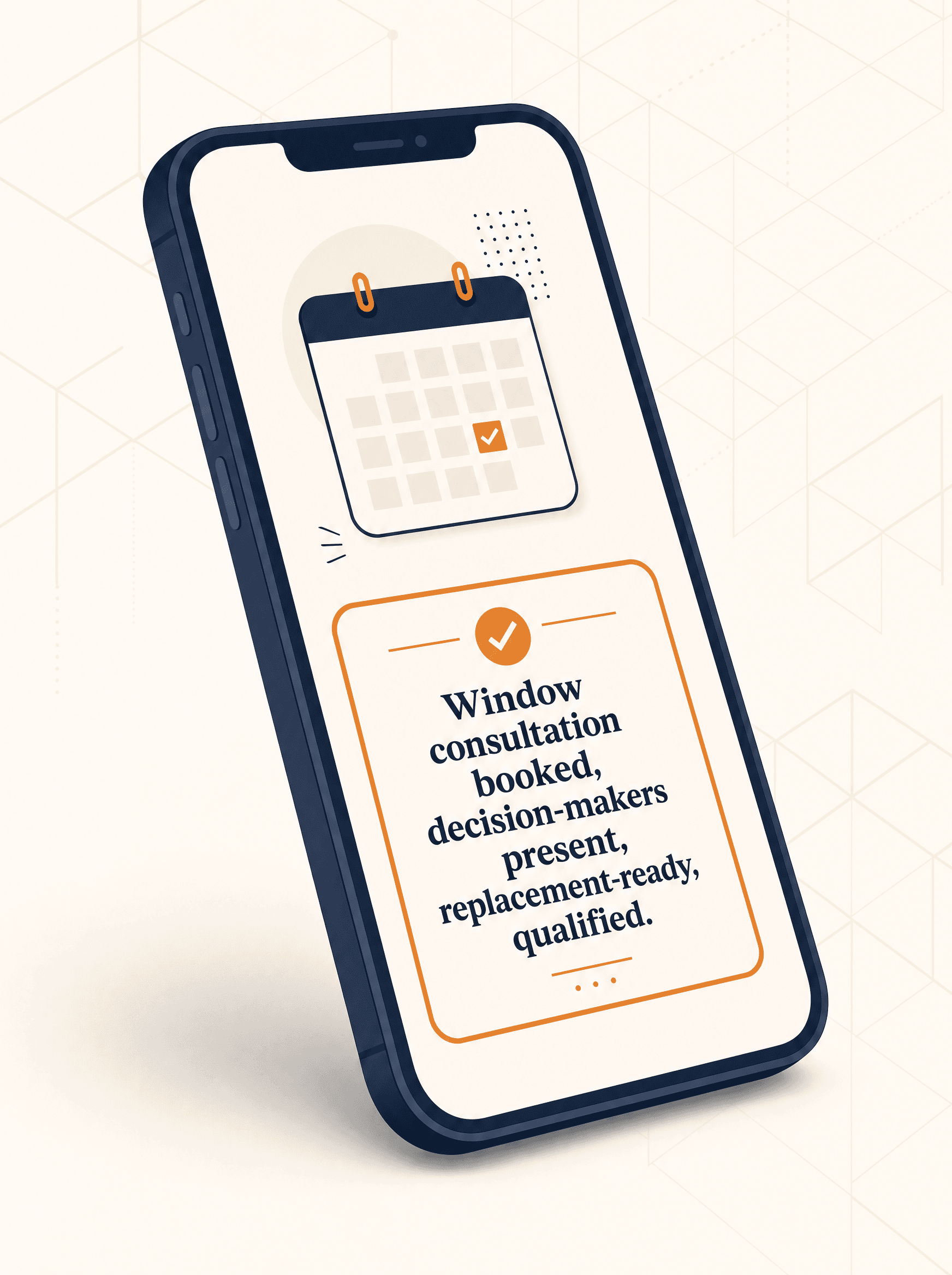 Illustration of a stylized phone showing a qualified appointment confirmation