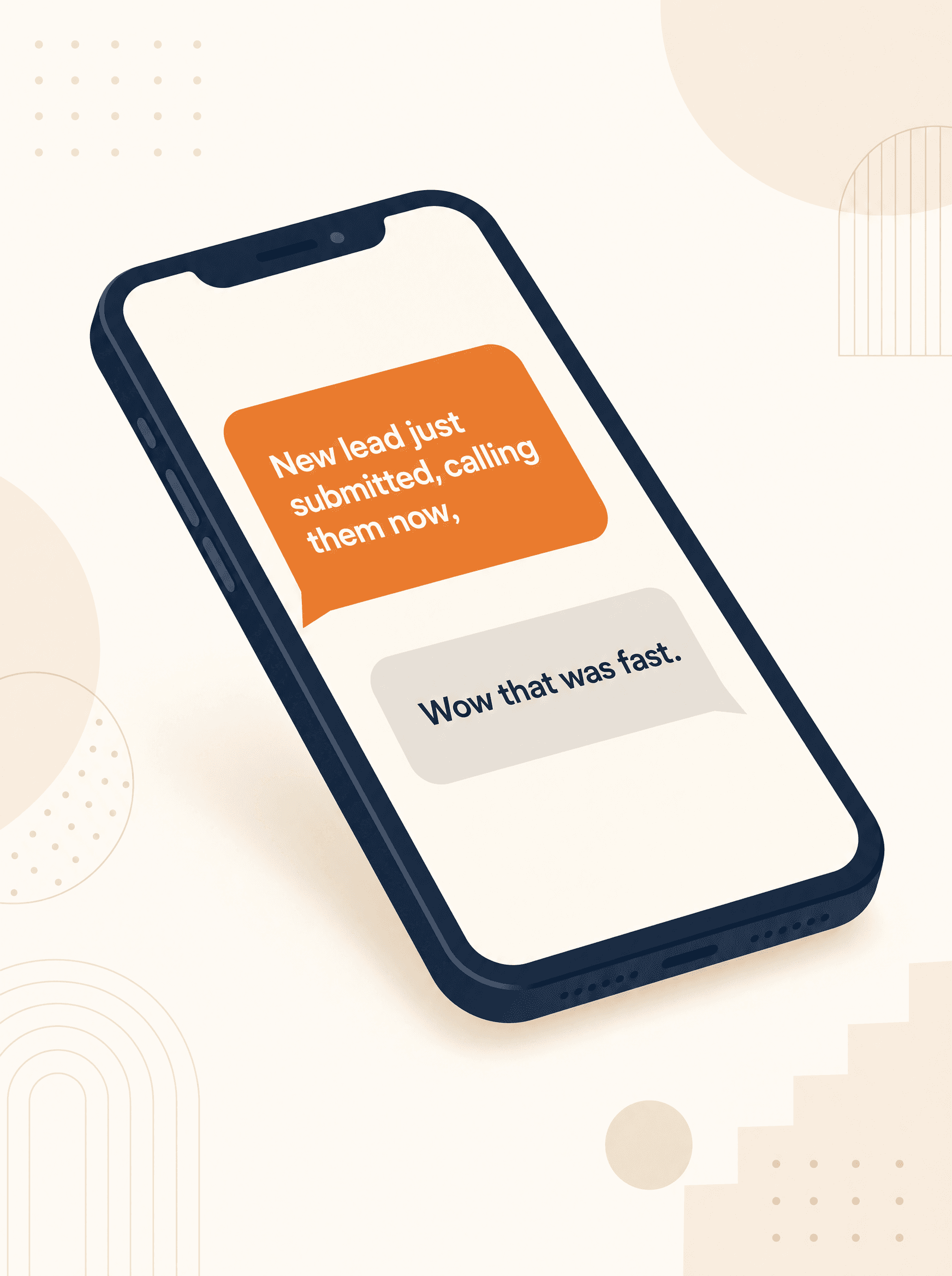 Illustration of a stylized phone showing a fast lead-response message